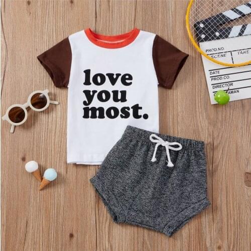 New Kid Boy Tops, Shorts Suit, Letter Printed Short Sleeve Round Collar Lace Up Loose Pants, Summer