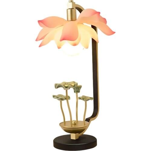 New Chinese Lotus Resin Iron Table Lamps Study Decoration Living Room Bedroom Bedside Table Lights Art Zen Lamp Deco Lighting