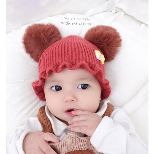 Autumn Winter Warm Baby Girls Boys Toddler Cartoon Print Hats With Ball Design Casual Kids Caps Headwear Christmas Gift