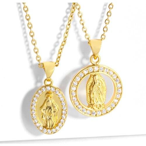 FLOLA Round Virgin Mary Necklace For Women White Stone Oval Choker Necklace Pendant Religious Jewelry virgen de guadalupe nkes67