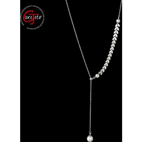 Goxijite Hot Sale Women Wheat Ear 'Y' Type Pearl Necklace Stainless Steel Sparkling Clavicle Chain Necklaces Party Gift