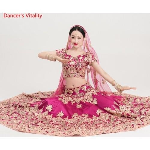 Luxury Embroidery Belly Dance Suit Women India Dance Stage Performance Practice Clothes Tops+Big Swing skirt+Veil 3pcs Set