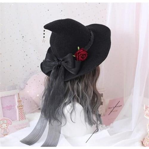 Lolita Halloween Retro Witch Hat Masquerade Rose Big Bow Wizard Hat Gothic Magical Girl Hat Cosplay Accessories Party Decor B860