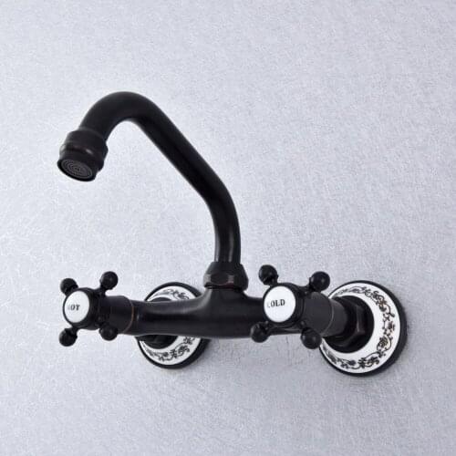 Basin Faucets Oil Rubbed Bronze Bathroom Kitchen Faucet Swivel Wall Mounted Dual Cross Handles Hot Cold Mixer Taps Nsf729