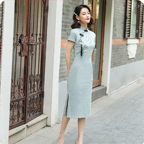Modern Linen Cotton Qipao Chinese Traditional Dress Blue Cheongsam Elastic Force Cheongsam Improve Qi Pao Vestido