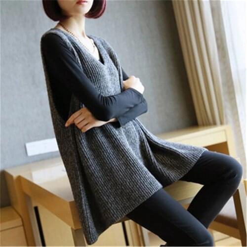 Mid-length Loose V-neck Sweater Vest Femal Plus Size Sleeveless Solid Color Simple Fashion Knitted Sweater Pullover Women Spring