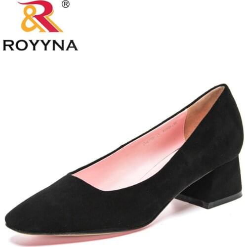 ROYYNA 2021 New Designers Genuine Leather Women Pumps Dress Shoes Woman Fashion Black Solid High Block Heels Wedding Shoes Lady