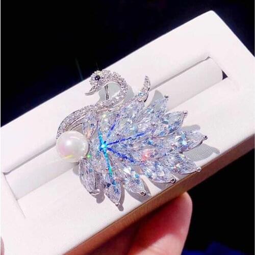 White Swan with Pearl Brooch Luxury Zircon Crystal Animal Brooches Pins for Women Wedding Jewelry broche femme bijoux de luxe
