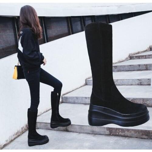 Womens High-heeled Boots Knee-high Platform Wedges Genuine Leather Suede Motorcycle Boots Warm Shoes Woman Botas Mujer Botas