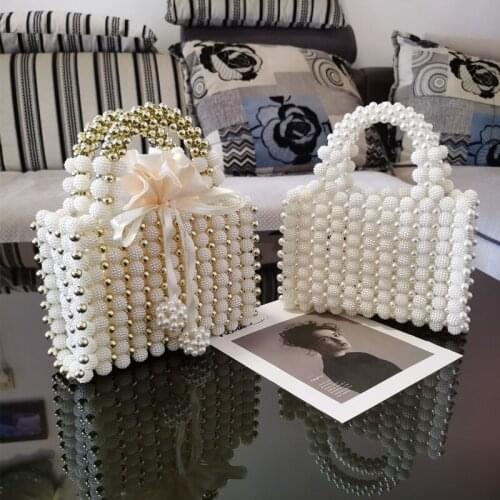 Women Hollow Out Style Evening Bags Beading Party Wedding Handbags Pearl Wedding Bucket Day Clutch Handbags