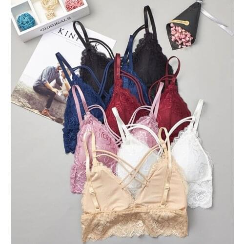 Women Sexy Cross Bandage Bra Crop Tops Floral Lace Bralette Top Seamless Black White Red Blue Wireless Bustier Tank Top Camis