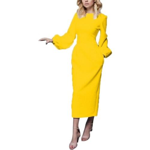 80%HOT Elegant Women Solid Color O Neck Long Puff Sleeve Waist Tight Party Midi Dress