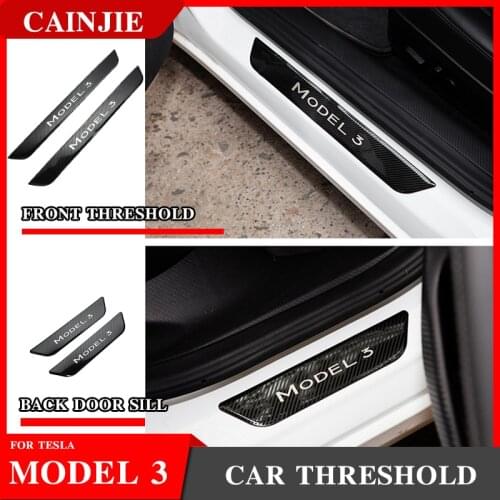 For Tesla Model 3 2021 Accessories Car Threshold Model3 Door Sill Decoration Wrap Cover Carbon Fiber Stainless Steel