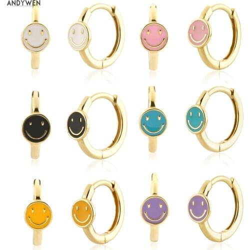 ANDYWEN 925 Sterling Silver Gold Six Smiley Enamel Happy Face Huggies Hoops Earring Round Simple 2021 Wedding Gift Jewelry Clips
