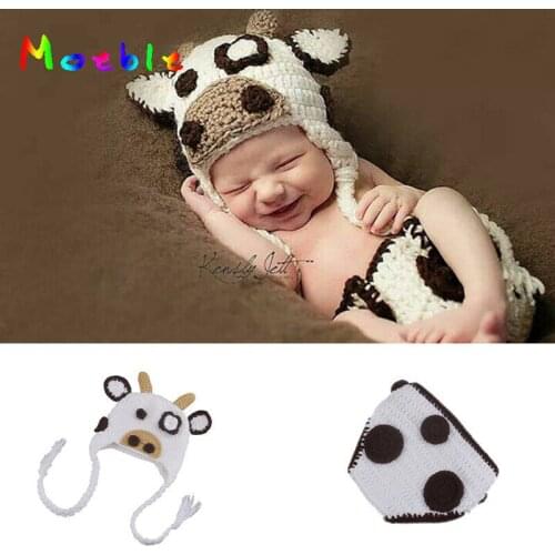 White Milk Cow Infant Baby Girls Hat Diaper Set Photography Props Knitted Newborn Coming Home Outfits Cute Baby Animal Costume