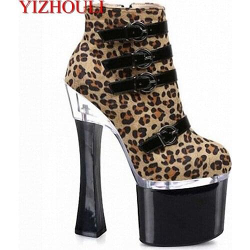 Leopard print ankle boots 18cm high heel boots short winter fashion sexy buckle women rome short boots pumps motorcycle boots