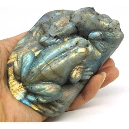 4.4" Frog Figurine Flash Labradorite Carved Stone Animal Statue Home Decor Gift