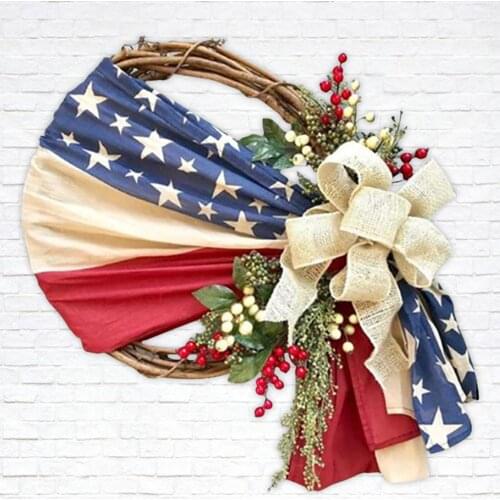 Flag Day Handmade Garland Hanging Ornaments Holiday Decoration Wreath Burlap Grid July 4th Patriotic Wreath Colorful Home Decor