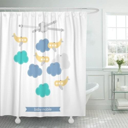 Toy Newborn of Baby Mobile Clouds and Airplanes Hanging Shower Curtain Waterproof Polyester Fabric 72 x 78 Inches Set with Hooks