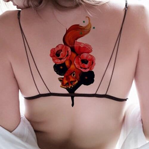 Red Flower Rose Fox Sexy Fire Peony Flower Temporary Tattoo Sticker Watercolor Tattoos Body Art Waist Flash Fake Tatoo 3D