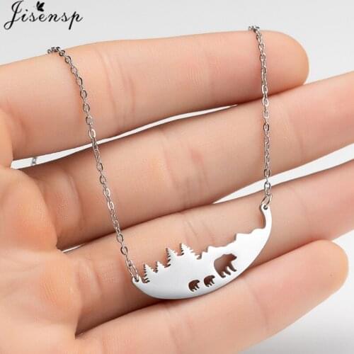 Jisensp Hollow Stainless Steel Bear Pendant Necklace for Women Girls Bear Mother and Baby Bear Animal Necklace Mothers Day Gift