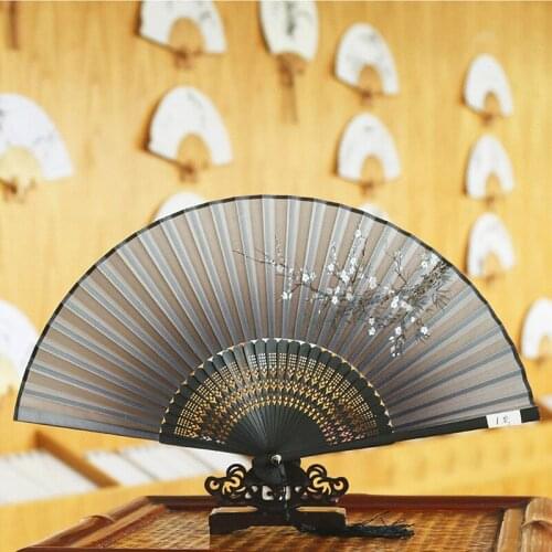 Chinese Japanese Folding Fan Wooden Shank Classical Dance Fan High Quality Tassel Elegent Female Fan