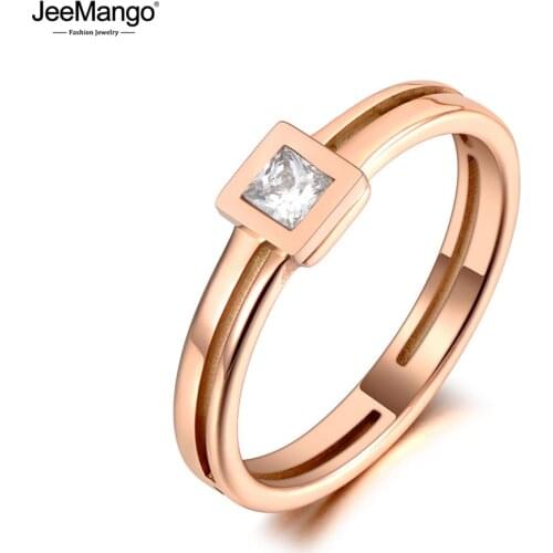 JeeMango Titanium Stainless Steel Sparkling Square CZ Crystal Rings Jewelry Simple Rose Gold Ring For Women Girls JR20020