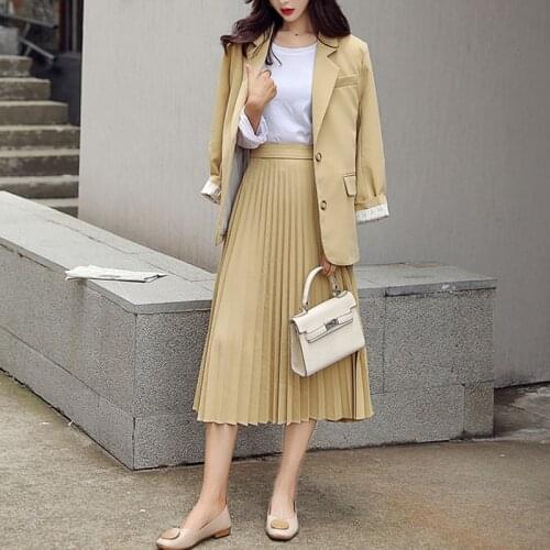 New Spring Autumn Womens Sets Single Button Belt Blazer High Elastic Waist Pleated Skirt Suit Fashion Women 2 Piece Skirt Sets