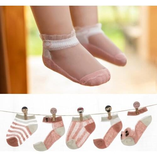 5 Pairs/Lot Summer Autumn Thin Mesh Hollow Childrens Socks Infant Cotton Baby Breathable Crystal Silk Sock For Girls Boys
