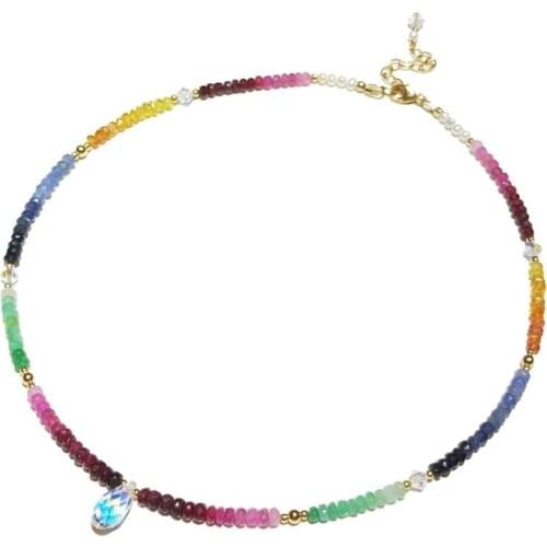Lii Ji Natural Real Gemstone Rainbow Sapphire Ruby Emerald Freshwater Pearl Austria Crystal 14K Gold Filled Necklace 37cm+4cm