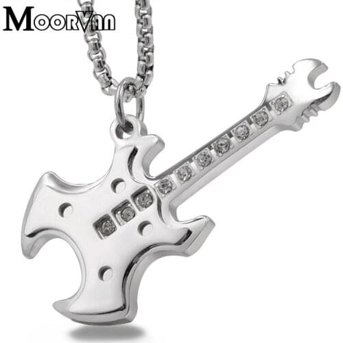 Moorvan rock boy men hiphop stainless steel silver color electric-guitar pendant necklace musical jewelry for clothing accessory