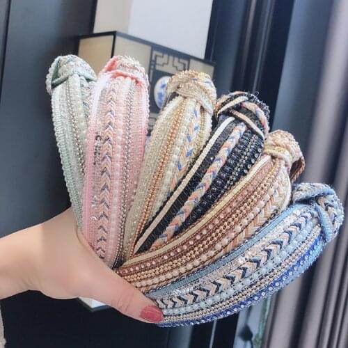 New weave Hairband Retro National ethnic style Drill bar Knotted Knit Pearls sequins headband Simple personality for women gift