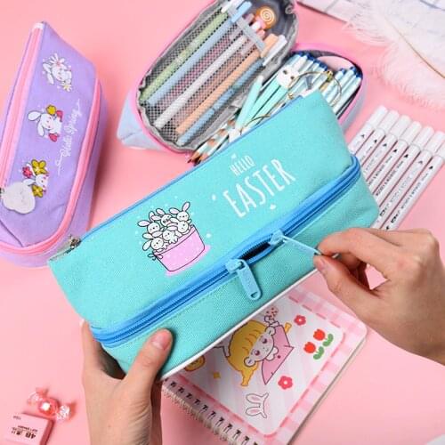 New style cute pencil case cartoon bunny pencil bag canvas kawaii stationery bag kid pen case gift for girl pen bag Cosmetic bag