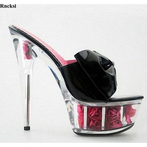Rncksi New 6 Inch High-Heeled Shoes Sexy Crystal Slippers Flowers Women Slides 15cm Exotic Dancer Platforms Stiletto Shoes