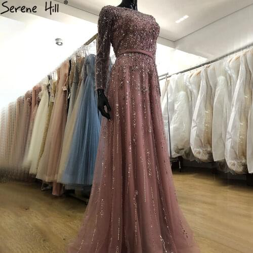 Muslim Pink Luxury Evening Dresses Gowns 2021 A-Line Beaded Crystal For Women Party BLA71145 Serene Hill