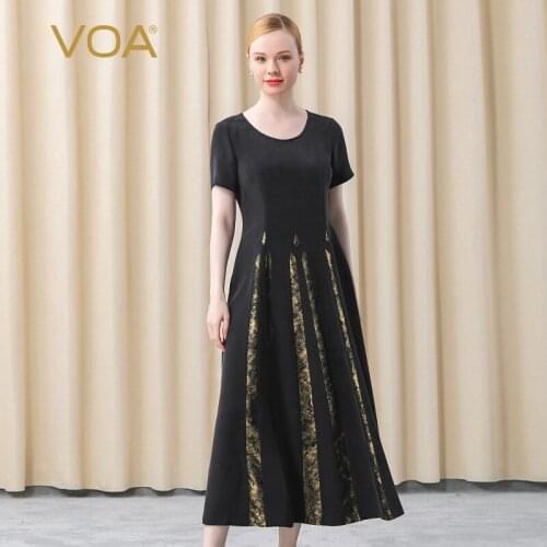 VOA 30m/m High Quality Luxury Silk Black O-Neck Short Sleeves Dress AE657 Yarn-dyed Jacquard Stitching Maxi Dresses for Women