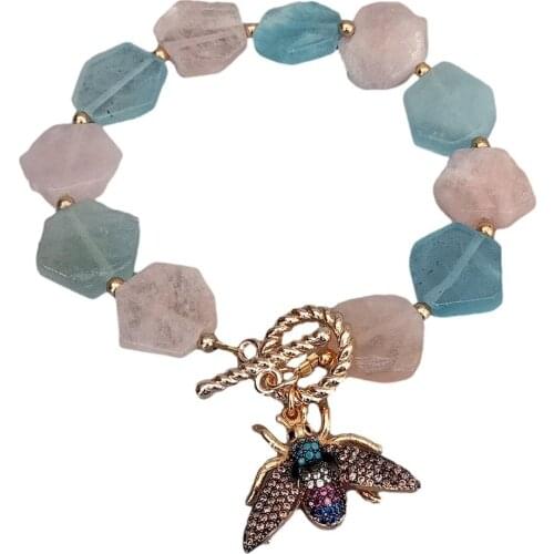 Y·YING Natural Aquamarines Morganite Hexangular Shape Bracelet Cz Pave Insect Charm 8"