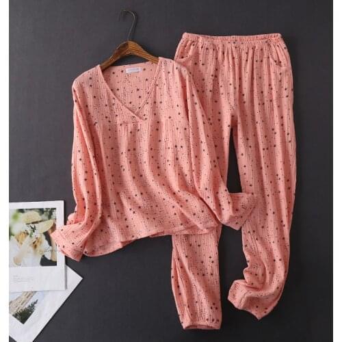 Womens Cotton Crepe Gauze Long-sleeved Pijama V-Neck Pyjamas Women Full Length Pajamas Loungewear Sleepwear Pink Home Clothes