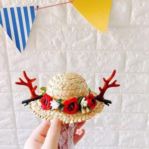 Pet hat lovely flower straw hat antler Christmas pet headdress pet birthday gift