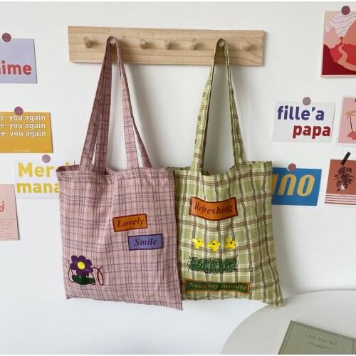 Women Shoulder Shopper Bag Pink Green Plaid Printed Girl Student Portable Eco Shopping Bag Cotton Cloth Fashion Female Handbags