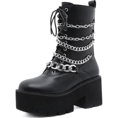 Womens Boots Hip Hop Wind Rivet Fashion Street Metal Element High Heel Thick Soled Chain Martin Boots Fashion Womens Shoes