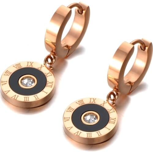 Vintage Stainless Steel Black Acrylic Circle Roman Numeral Wedding Earrings For Women CZ Crystl Hoop Earrings E20092
