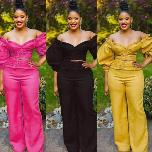 Womens Suit Spring V-neck Off-the-shoulder Puff sleeve Suits 2021 Solid color Blouse + Pants 2-piece Set Womens Clothing Sets