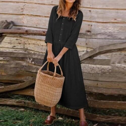 2021 Summer Elegant 3/4 Sleeve Lady Party Dresses Women Casual Cotton Linen Loose Dress Fashion Vintage Button O Neck Long Dress