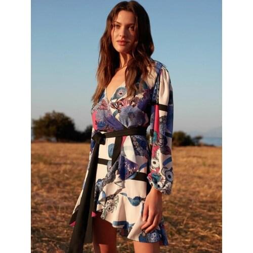 Women Blue Floral Patterned Anvelop Mini Dress With Belt Spring Summer Beach Holiday Casual Bohemian Style Dresses 2021 New