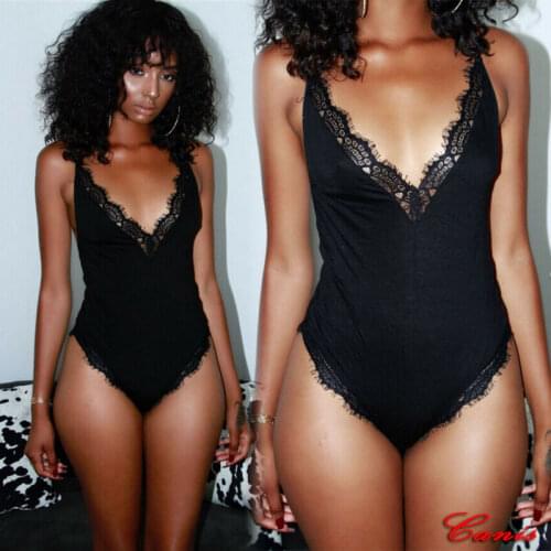 Women Full Lace Bodysuit Lingerie Sleeveless V Neck Stretch Leotard Jumpsuit Top Female Erotic Sex Costume Lingerie