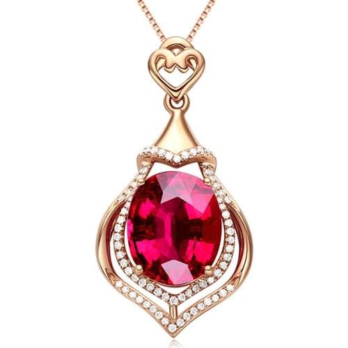 Luxury 3 Carats Red Crystal Ruby Gemstones Diamond Pendant Necklaces For Women 18k Rose Gold Color Choker Vintage Jewelry Bijoux