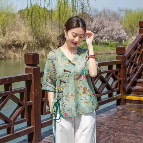 2021 New Arrival Summer Arts Style Women Loose Half Sleeve V-neck Blouse Print Cotton Linen Single Breasted Casual Shirts W312