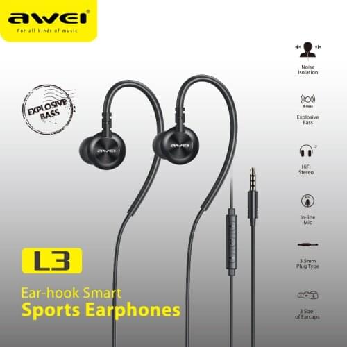 Awei L3 Wired Earphones 3.5mm Jack In Ear Earbuds Stereo Bass Sound Earphone Headset With Microphone