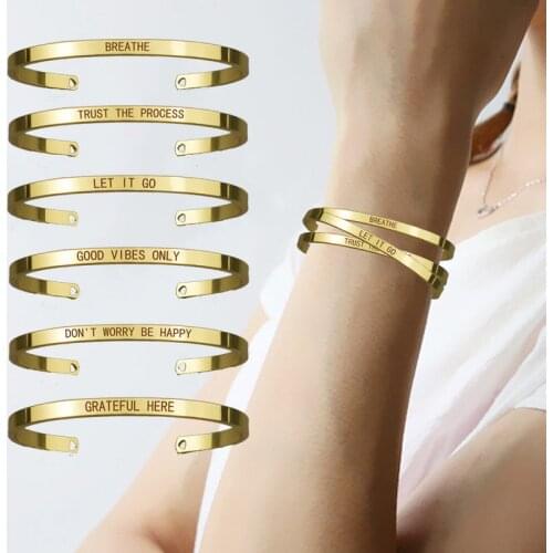LET IT GO Metal Lettering Bracelets Fashion Inspirational Letters Bangle DON'T WORRY BE HAPPY Engraved Cuff Bracelets Women Gift